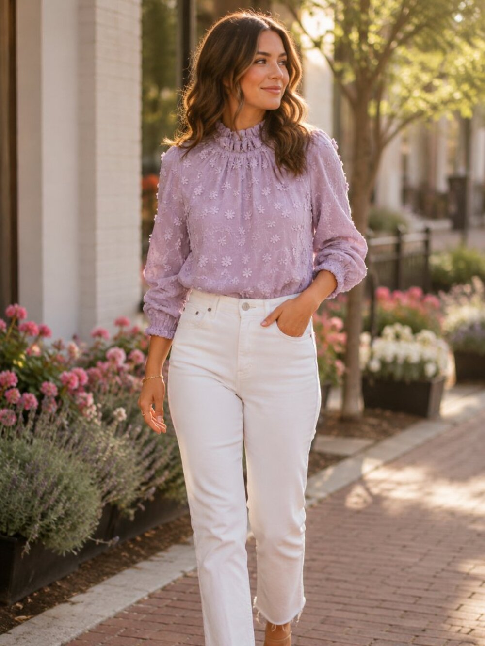 Ann Taylor Petite SP Lilac Floral Embroidered Smocked Blouse Cottagecore Top